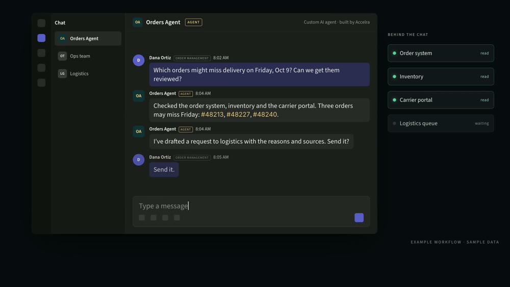 A frame from the retail film: an orders agent in a chat answers which orders might miss delivery on Friday, with the order system, inventory, and carrier portal connected beside it